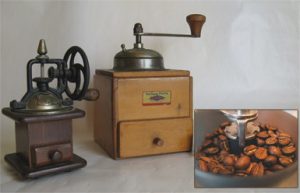 Two vintage hand grinders; inset of beans in a burr grinder bowl