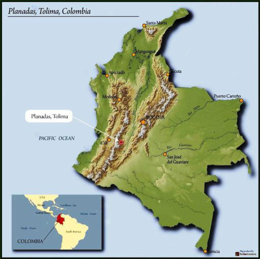 map of Columbia highlighting Tolima region