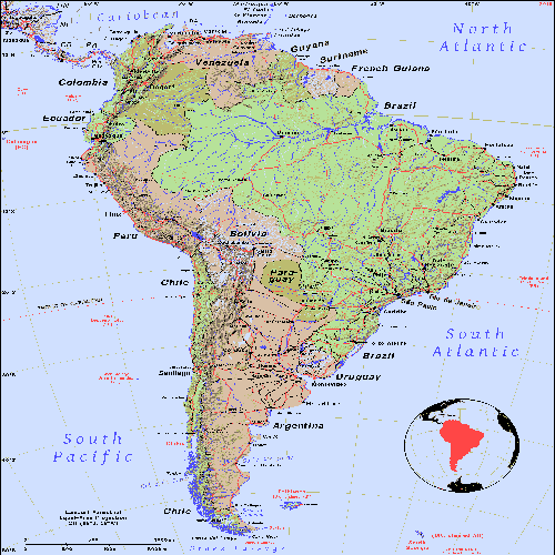 map of South America, inset glob highlighting the continent