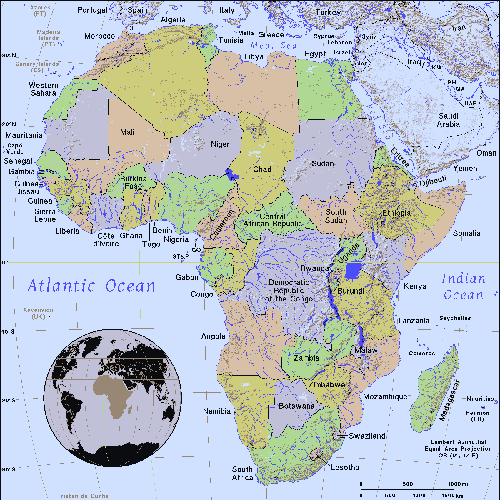 map of Africa, inset globe highlights the continent