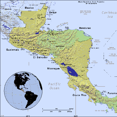 map of Central America, inset globe highlights the continent
