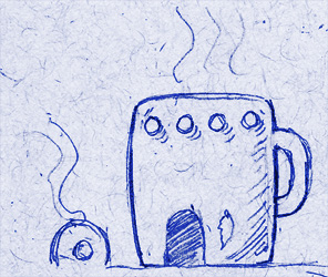 A bluetone sketch of a mug-shaped, mission-style house