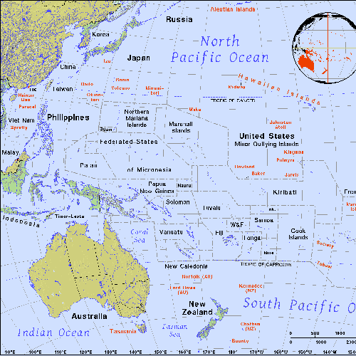 map of the Pacific Rim, including Indonesia and Papua New Guinea; inset globe highlights the region