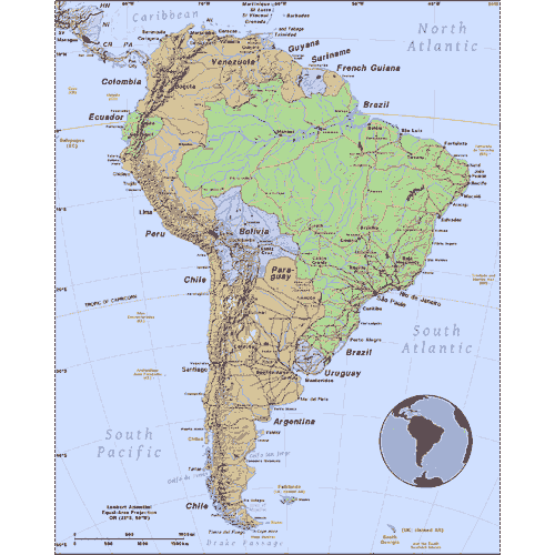 map of South America, inset globe highlights the continent